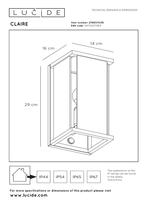 Lucide CLAIRE - Wandlamp Binnen/Buiten - 1xE27 - IP54 - Beweging & dag/nacht sensor - Antraciet - technisch